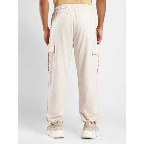 NOBERO Men's Beige Onyx Mid-Waist Straight Fit Cotton Elasticated Joggers with Utility Box Pockets,Beige,Men-M