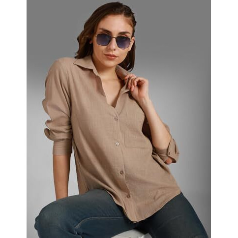HIGH STAR Women's Oversized Fit Shirt (HSWSHW23509_TP_Brown
