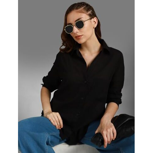 HIGH STAR Women's Oversized Fit Shirt (HSWSHW23509_BK_Black