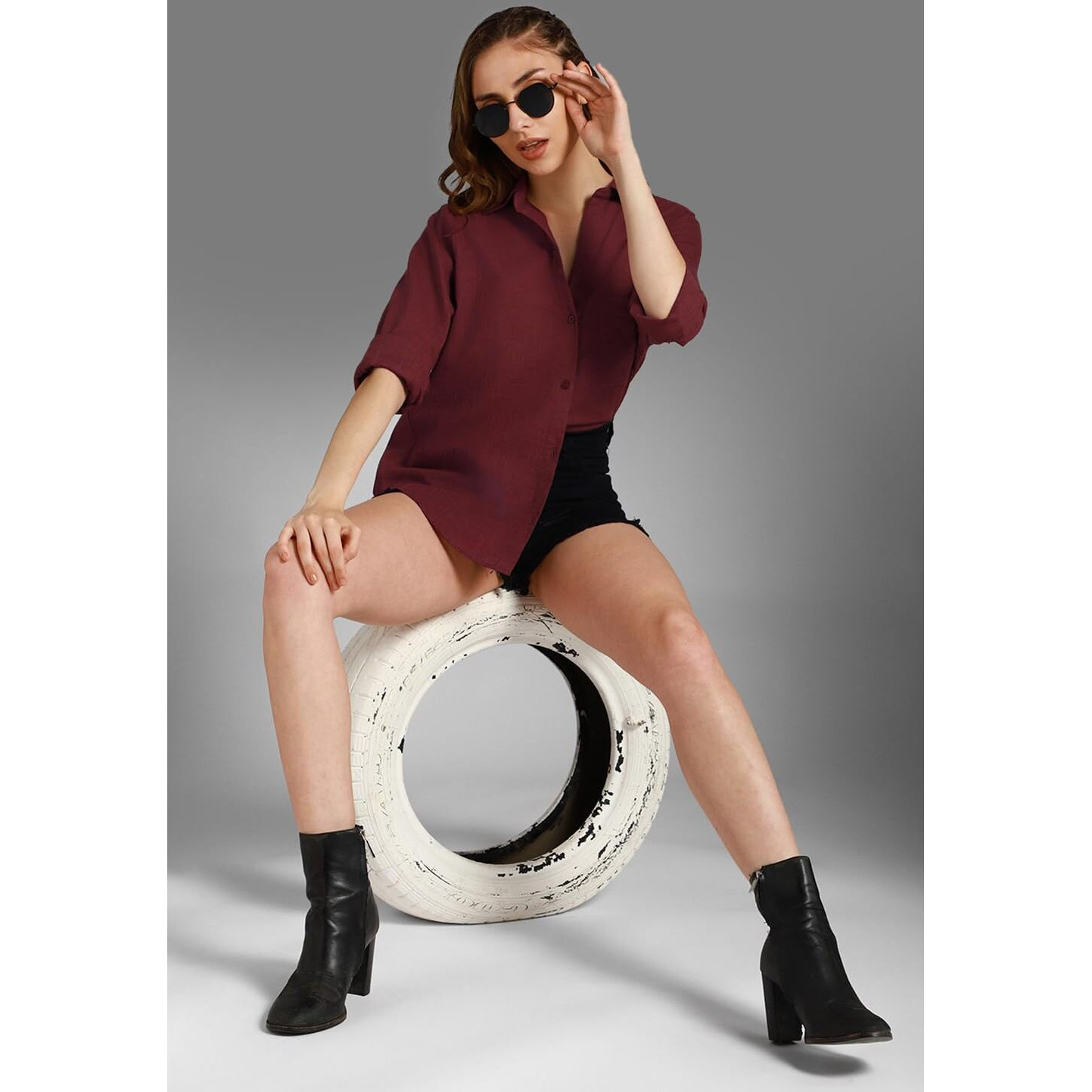 HIGH STAR Women's Oversized Fit Shirt (HSWSHW23509_WN_Red
