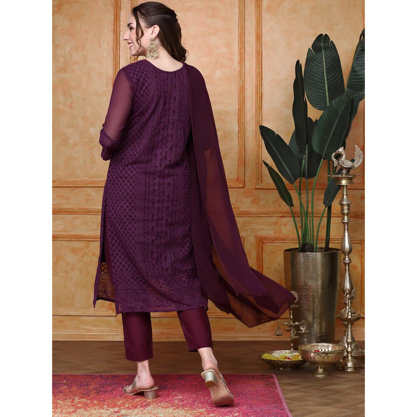 ishin Women Purple Paisley Embroidered Regular Chikankari Kurta Set| Kurta with Trousers & Dupatta|Kurta Set for Women