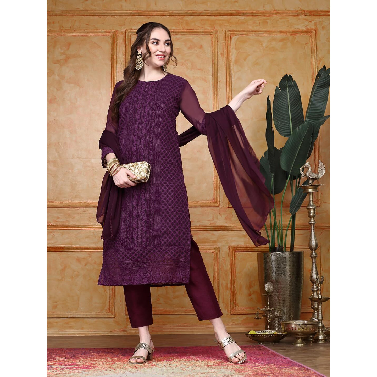 ishin Women Purple Paisley Embroidered Regular Chikankari Kurta Set| Kurta with Trousers & Dupatta|Kurta Set for Women
