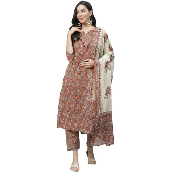 Yuris Women Brown Black Printed Pure Cotton Kurta with Palazzos Dupatta (XS)