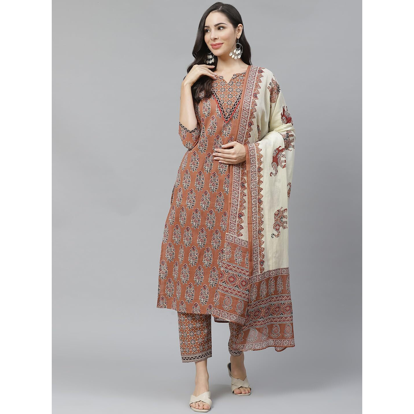 Yuris Women Brown Black Printed Pure Cotton Kurta with Palazzos Dupatta (XS)