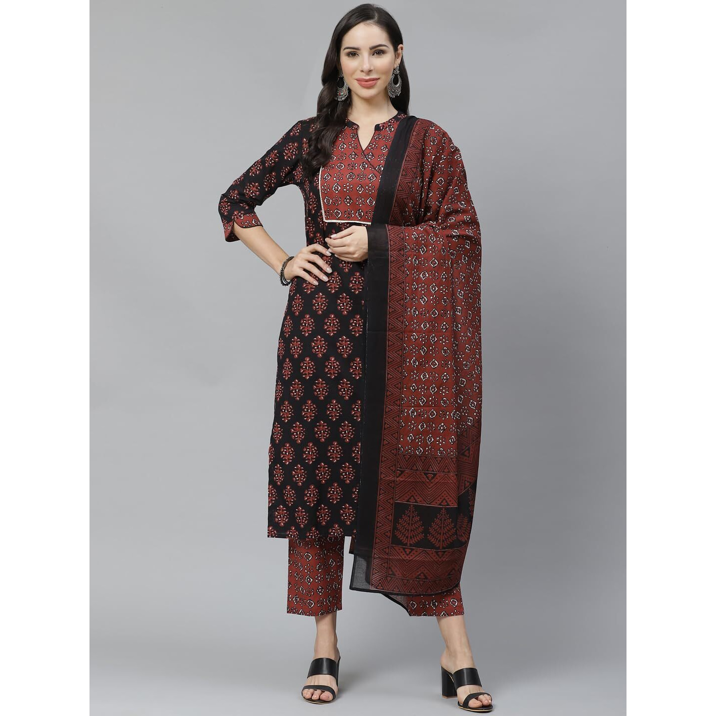 Yuris Women Black Maroon Cotton Ethnic Motif Block Print Kurta with Trousers Dupatta (L)