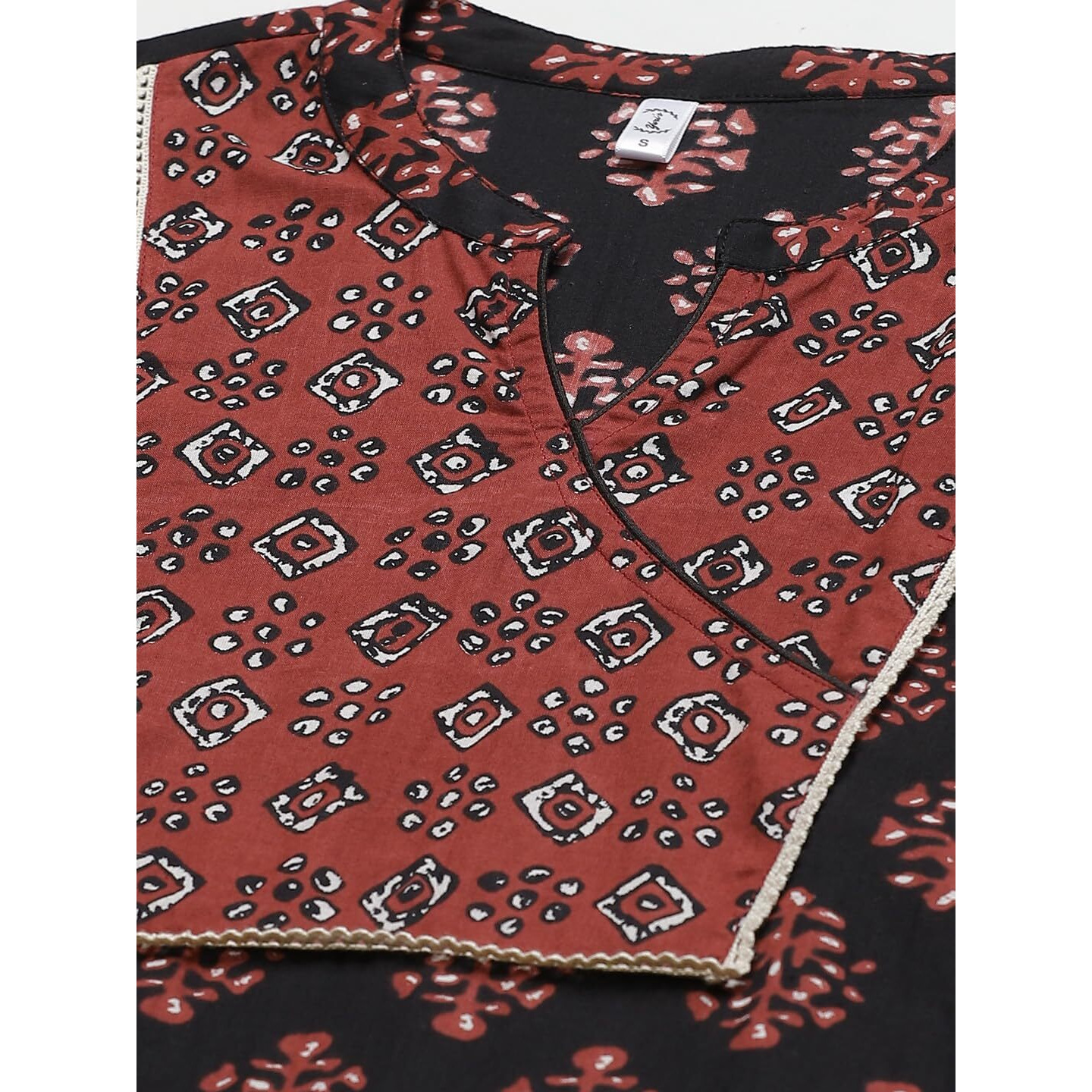 Yuris Women Black Maroon Cotton Ethnic Motif Block Print Kurta with Trousers Dupatta (L)