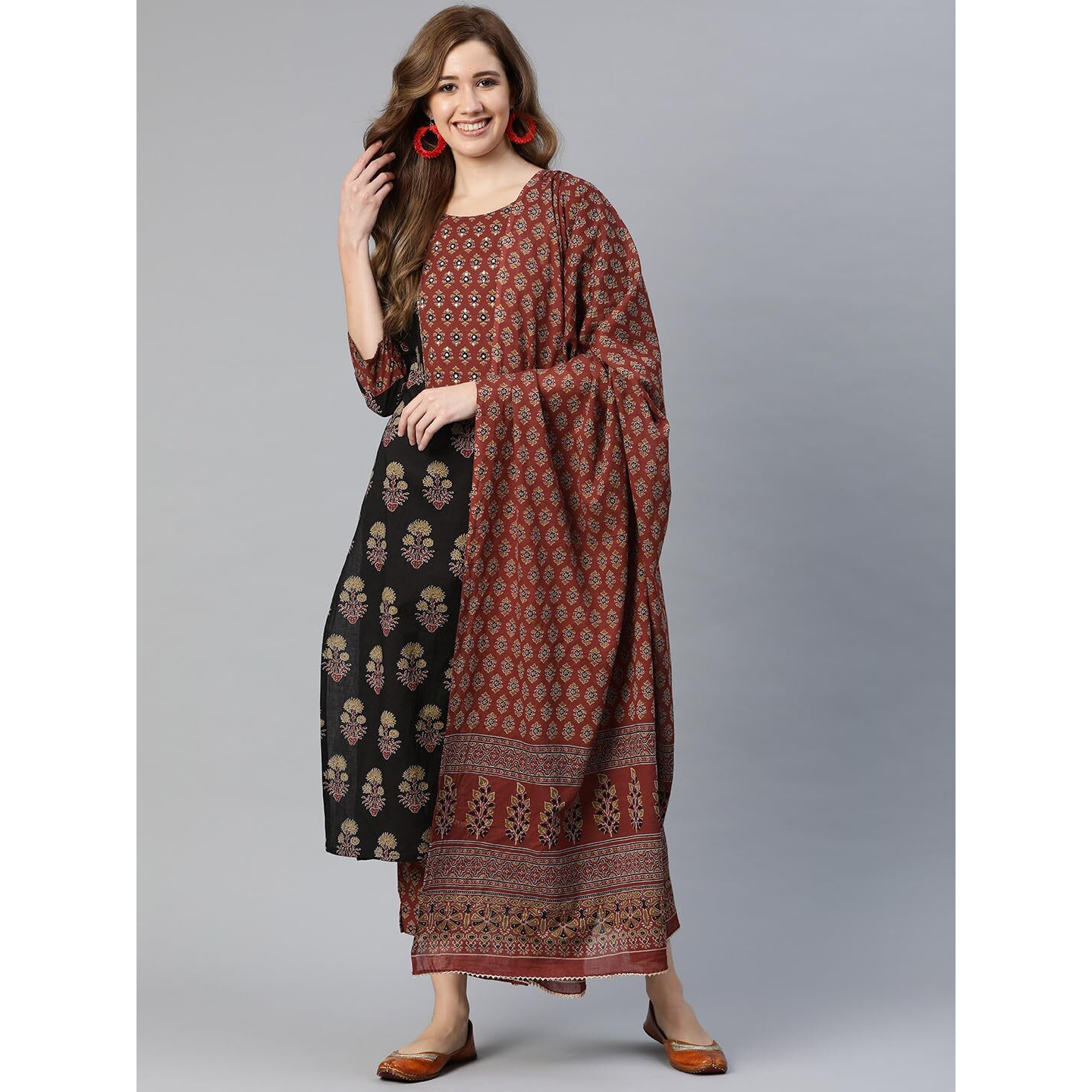 Yuris Women Black Floral Printed Regular Sequinned Pure Cotton Kurta with Palazzos with Dupatta (2XL)