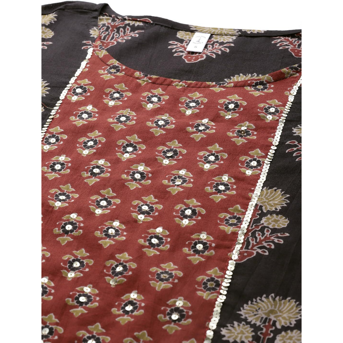 Yuris Women Black Floral Printed Regular Sequinned Pure Cotton Kurta with Palazzos with Dupatta (2XL)