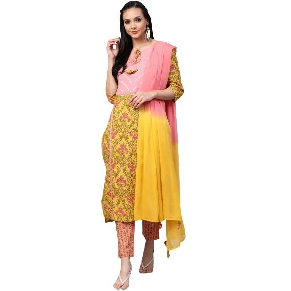 Yuris Women Mustard Yellow Pink Pure Cotton Printed Kurta with Trousers Dupatta (2XL)