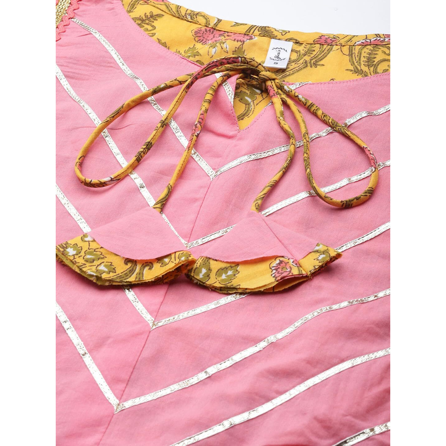 Yuris Women Mustard Yellow Pink Pure Cotton Printed Kurta with Trousers Dupatta (2XL)