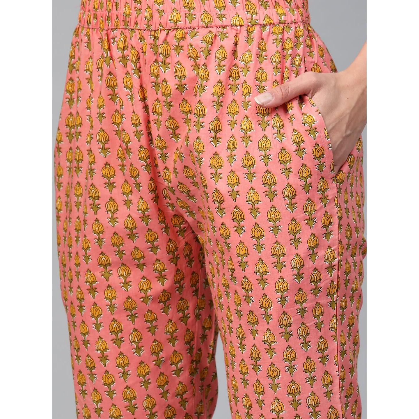 Yuris Women Mustard Yellow Pink Pure Cotton Printed Kurta with Trousers Dupatta (2XL)