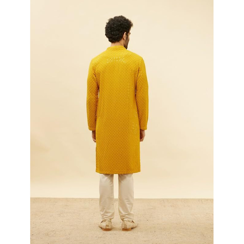 Manyavar Mens Mustard Viscose CHIKANKARI Kurta Pyjama Set