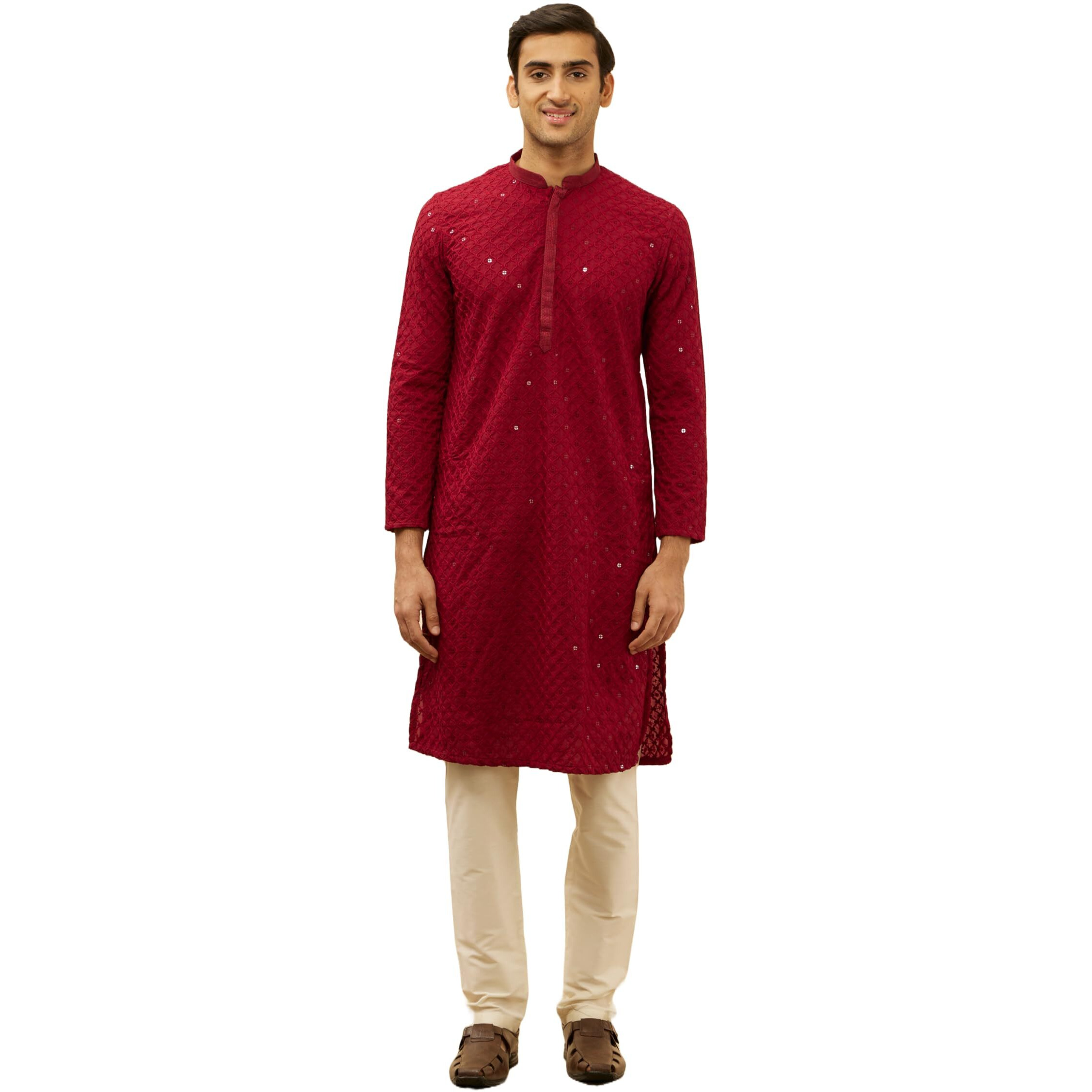 Manyavar Mens Maroon Blended Cotton CHIKANKARI Kurta Pyjama Set