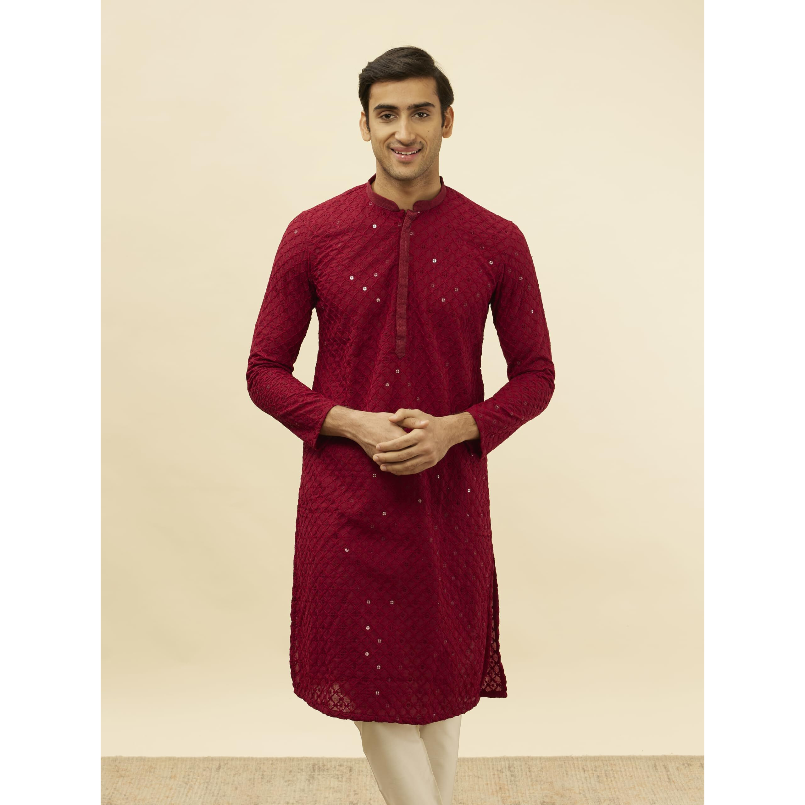 Manyavar Mens Maroon Blended Cotton CHIKANKARI Kurta Pyjama Set