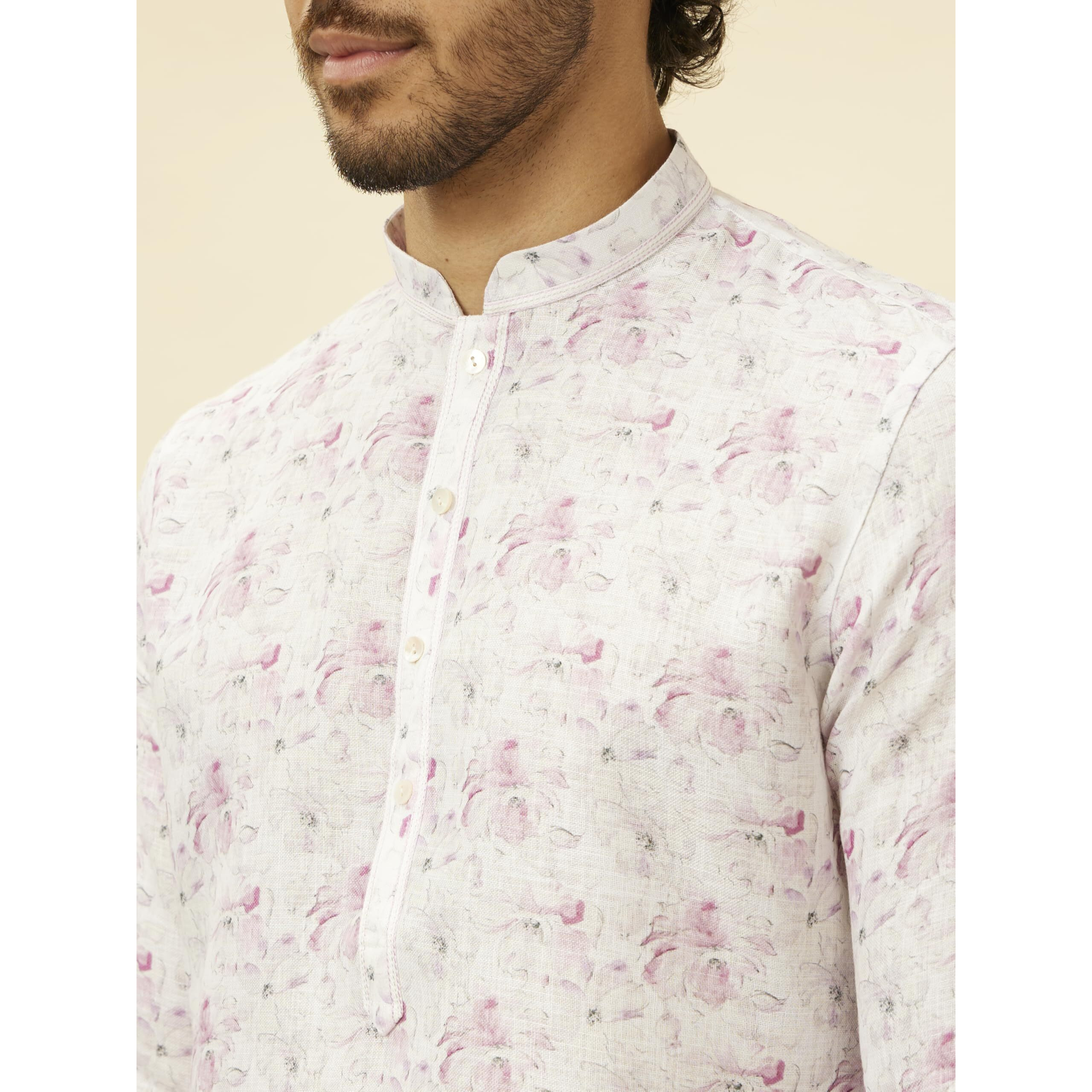 Manyavar Men's Soft White Floral Printed Kurta (M)