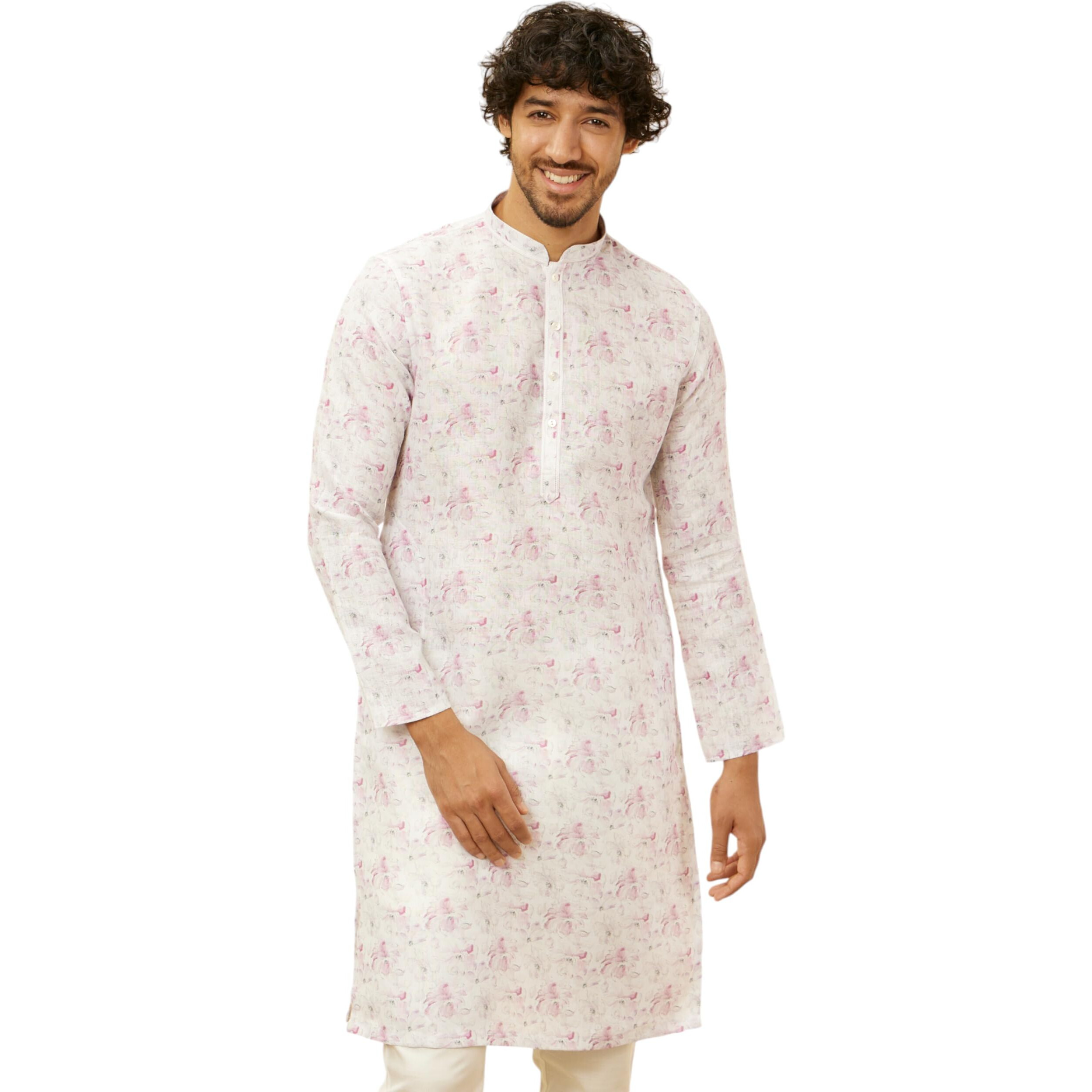 Manyavar Men's Soft White Floral Printed Kurta (L)