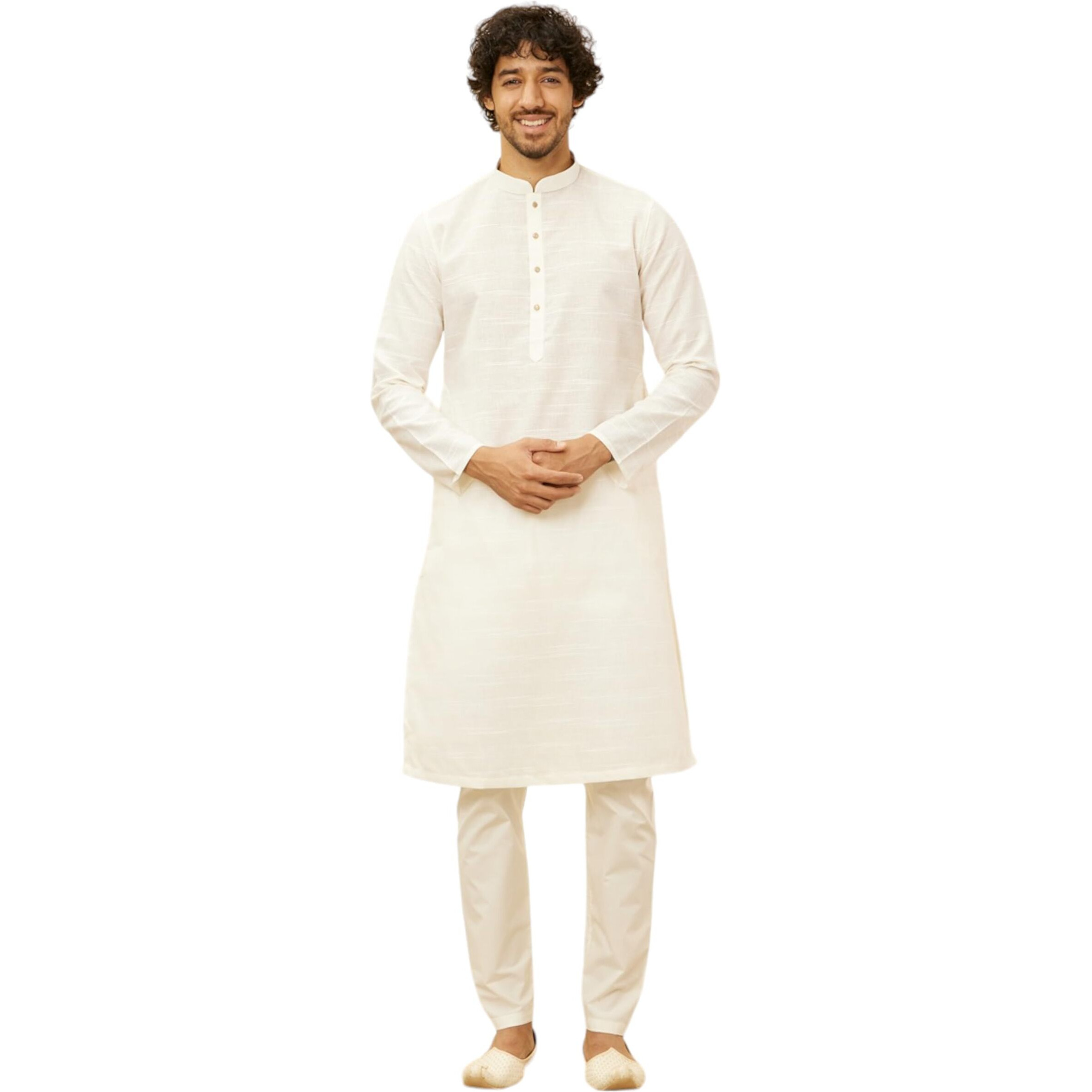 Manyavar Mens Warm White Blended Cotton Self Design Kurta Pyjama Set