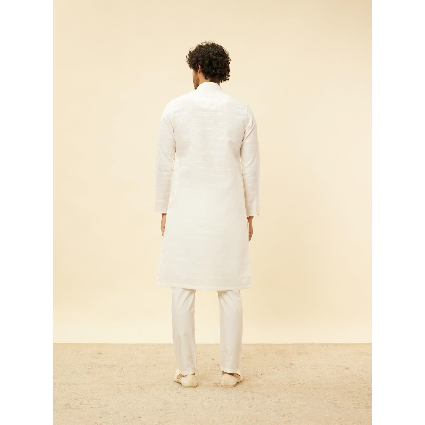 Manyavar Mens Warm White Blended Cotton Self Design Kurta Pyjama Set