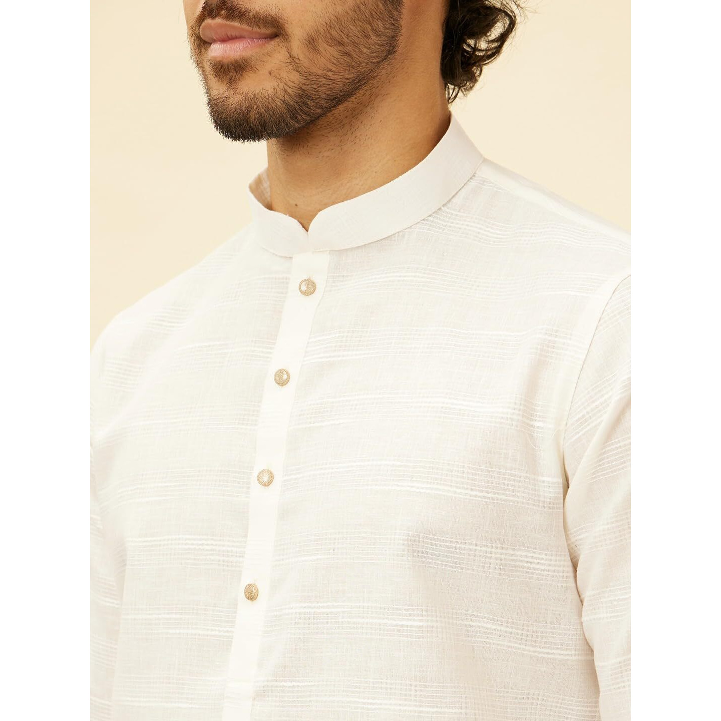 Manyavar Mens Warm White Blended Cotton Self Design Kurta Pyjama Set