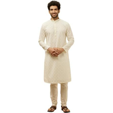 Manyavar Mens Warm White Blended Cotton CHIKANKARI Kurta Pyjama Set