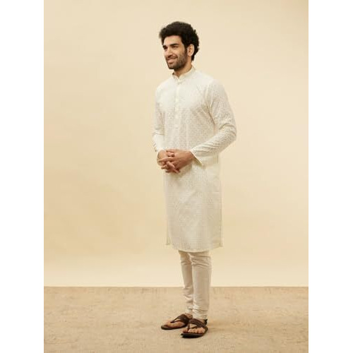 Manyavar Mens Warm White Blended Cotton CHIKANKARI Kurta Pyjama Set