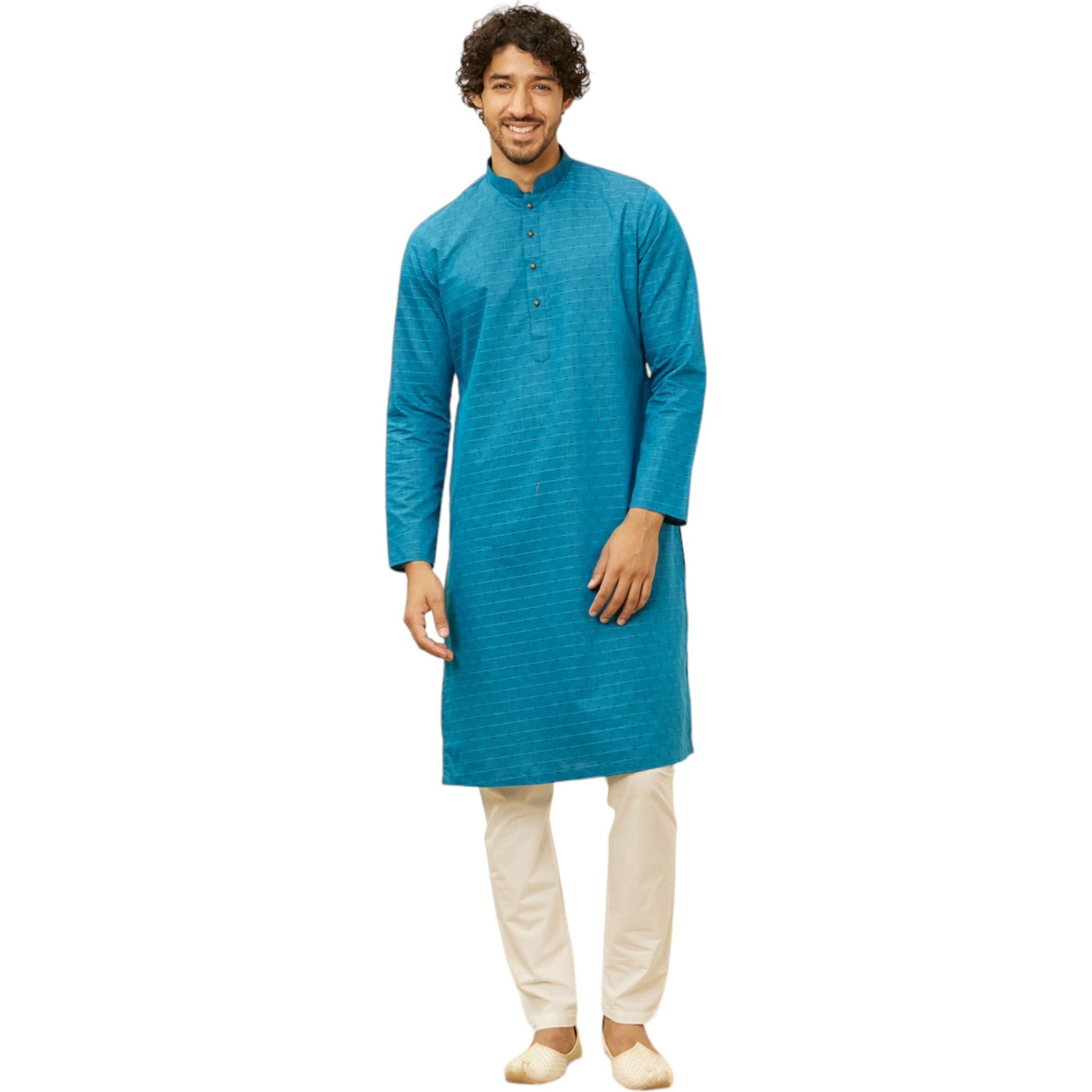 Manyavar Men's Blue Blended Cotton Self Design Kurta Pyjama Set