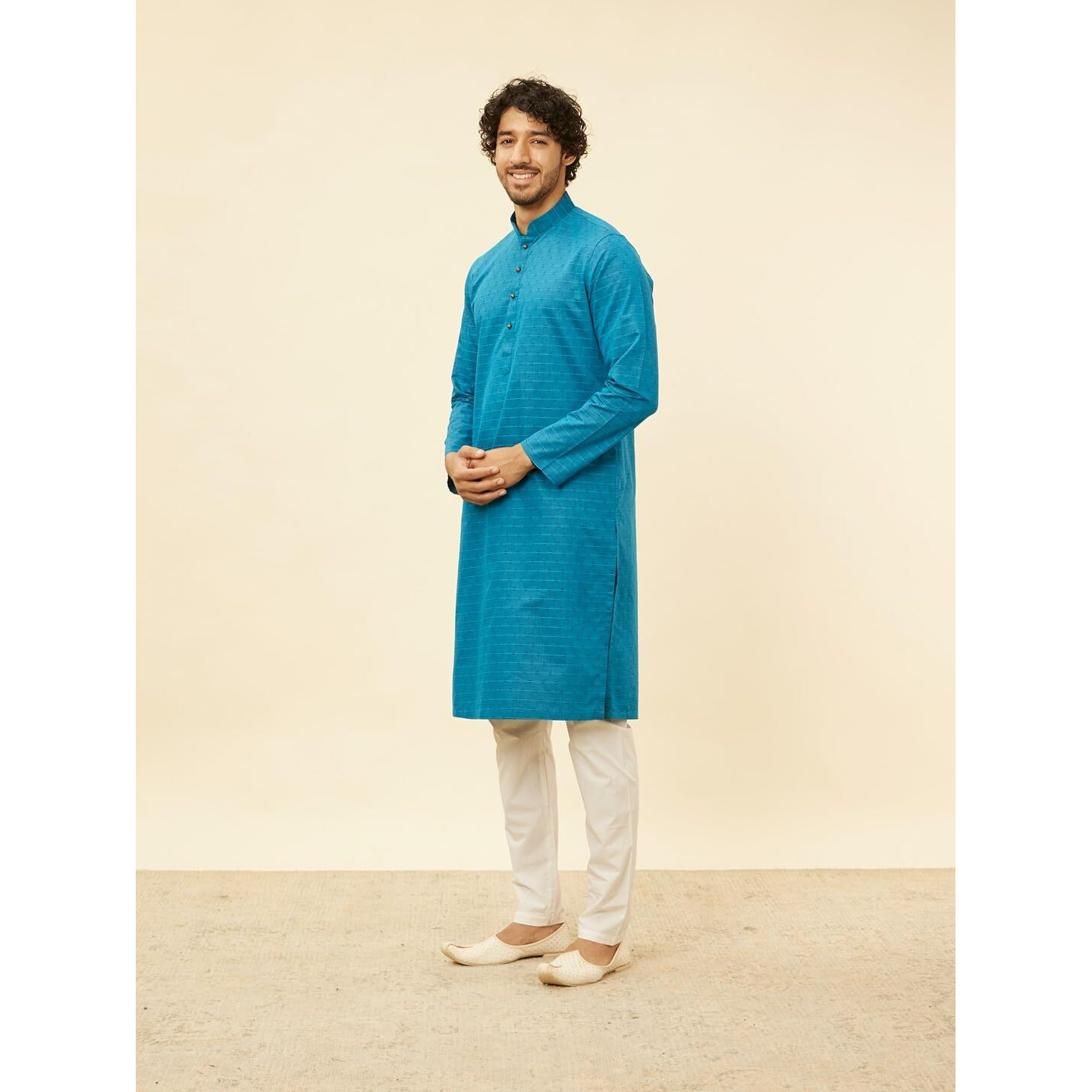 Manyavar Men's Blue Blended Cotton Self Design Kurta Pyjama Set