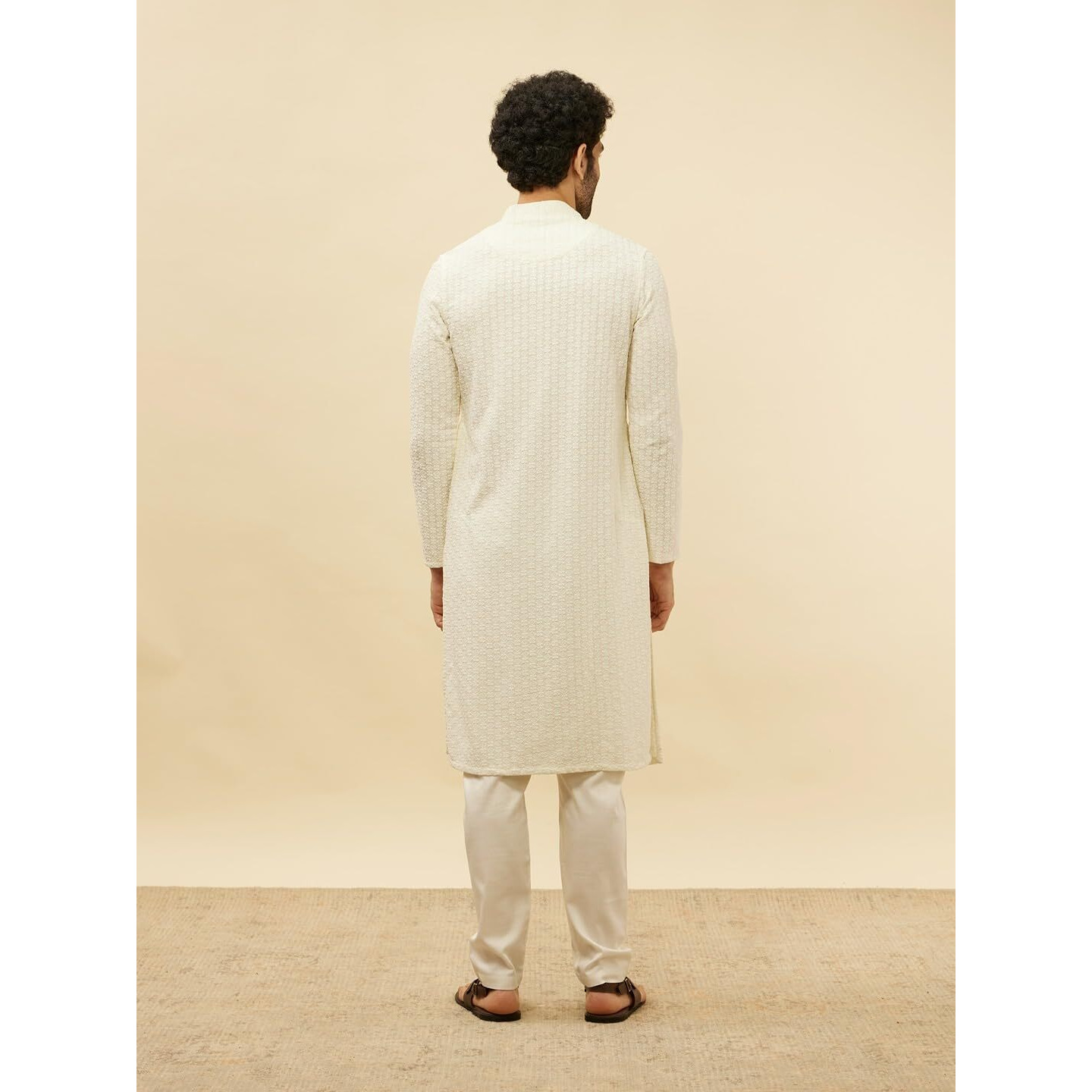 Manyavar Mens Cream Viscose CHIKANKARI Kurta Pyjama Set