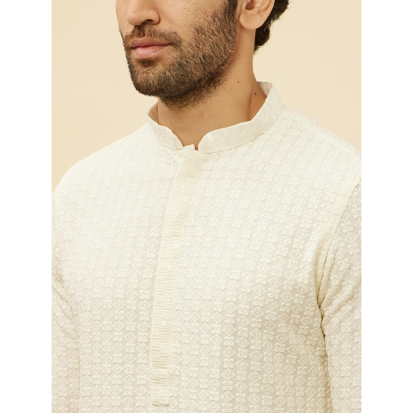 Manyavar Mens Cream Viscose CHIKANKARI Kurta Pyjama Set