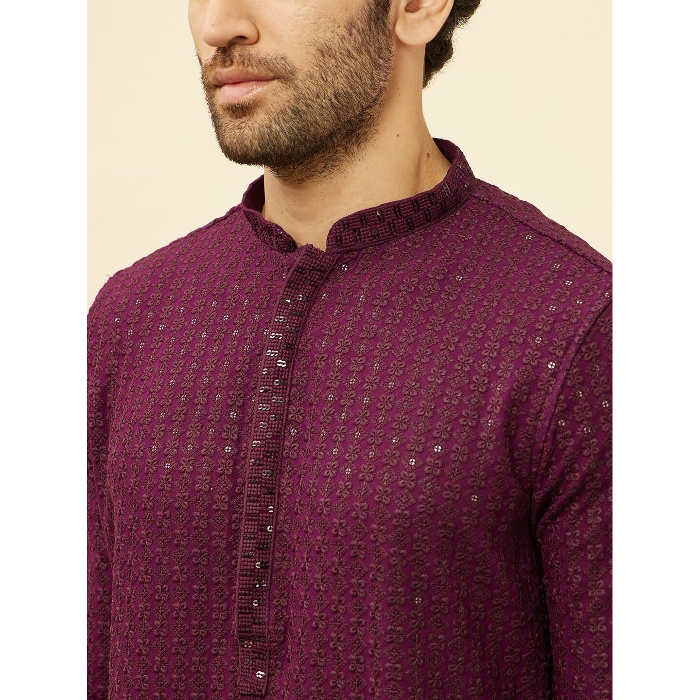 Manyavar Mens Purple Viscose CHIKANKARI Kurta Pyjama Set