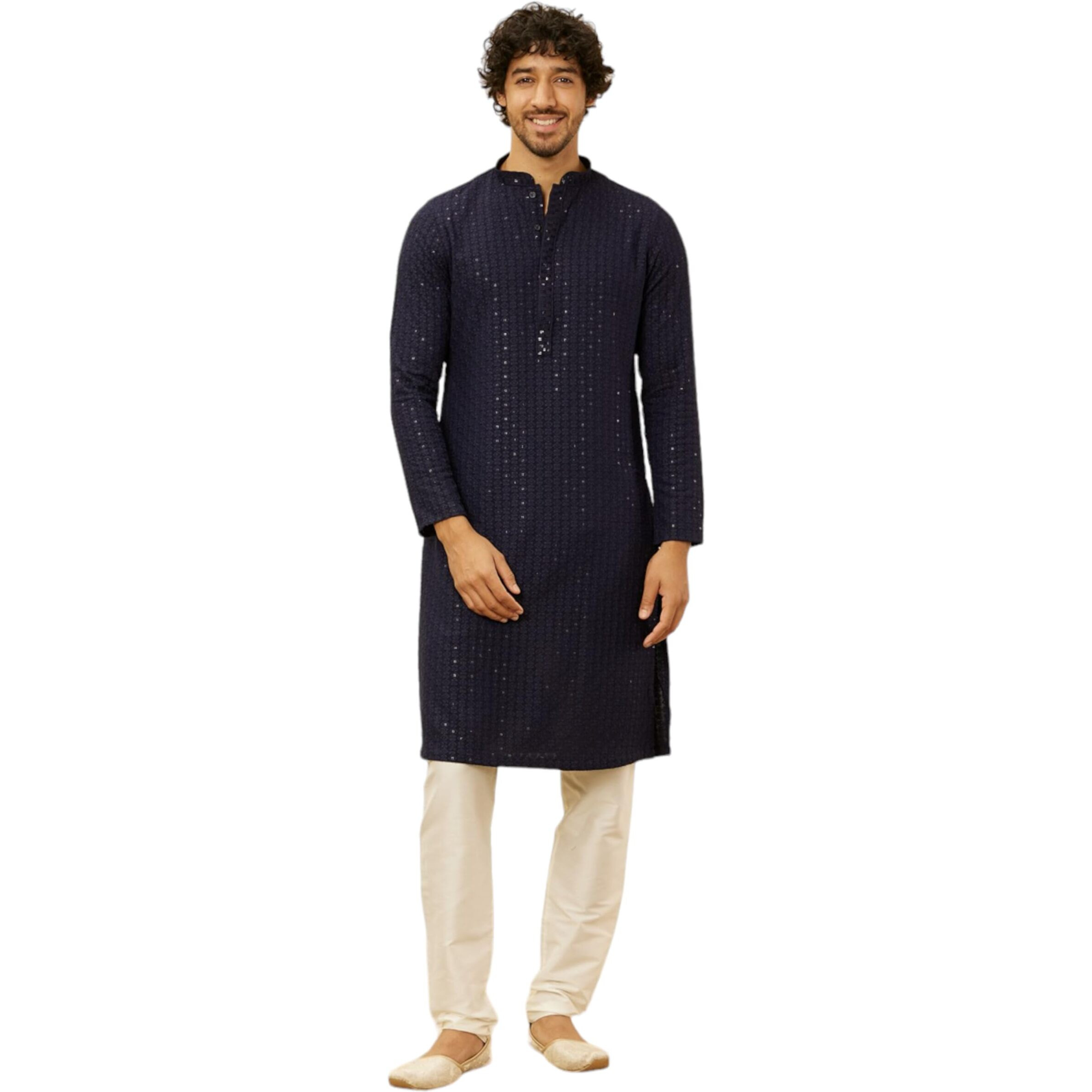 Manyavar Mens Blue Viscose Embroidered Kurta Pyjama Set