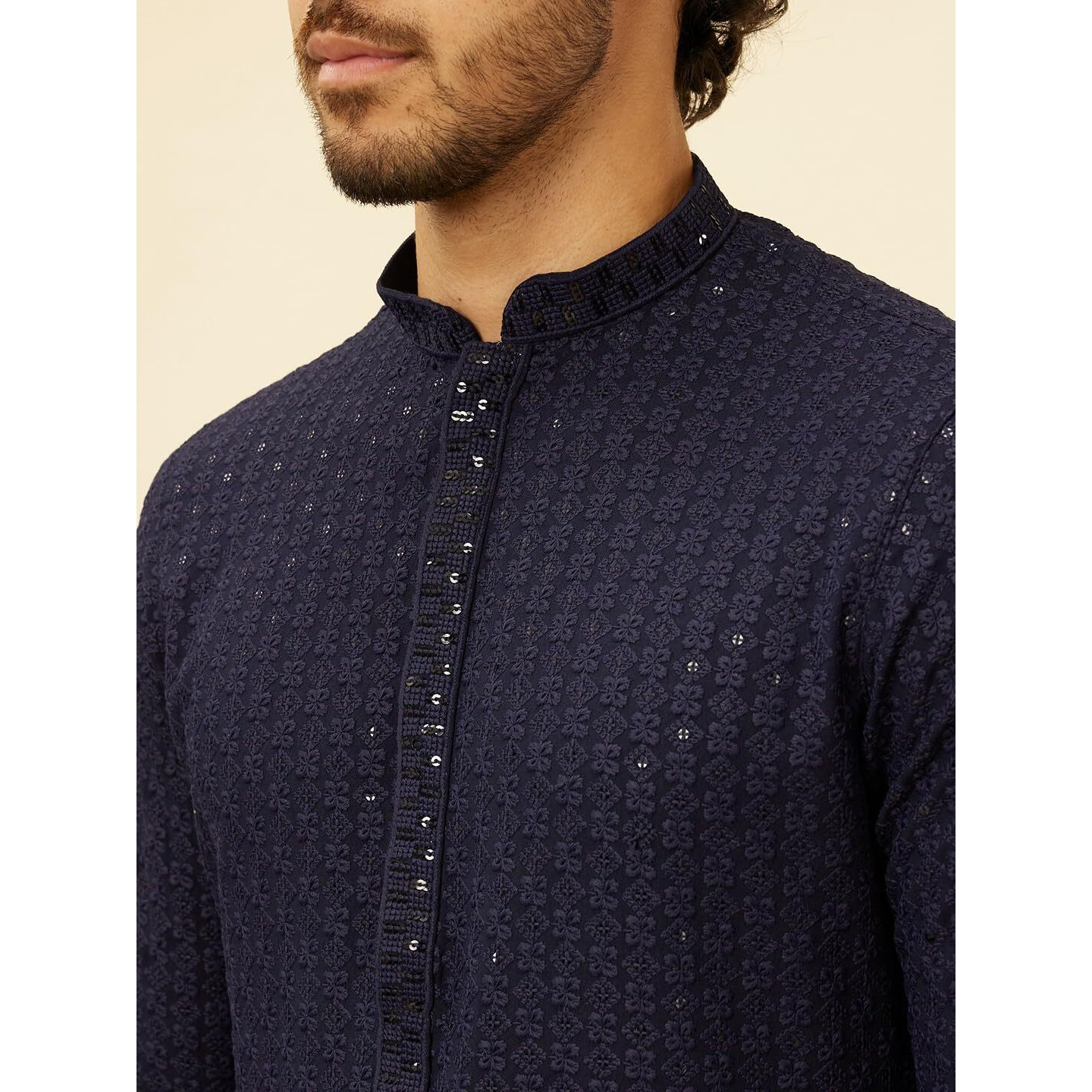 Manyavar Mens Blue Viscose Embroidered Kurta Pyjama Set