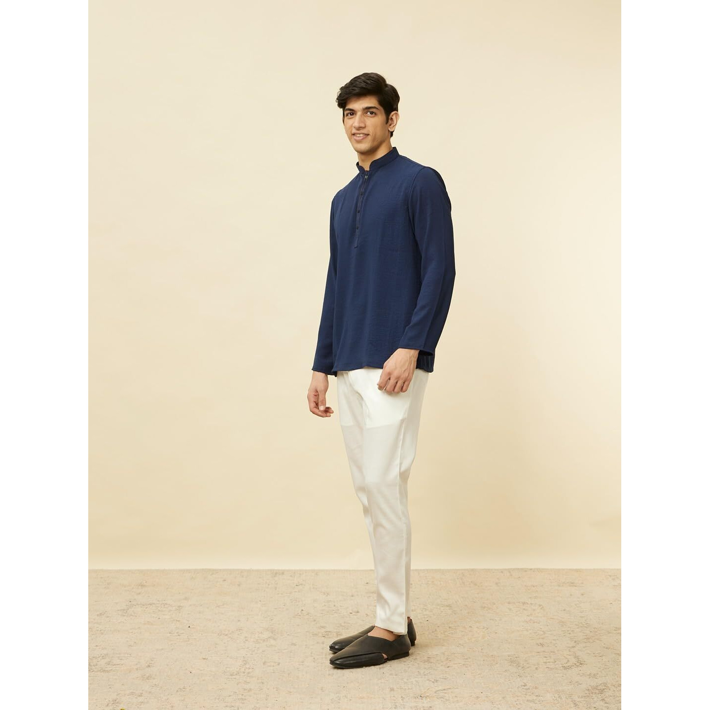 Manyavar Mens Blue Art Silk Solid Short Kurtas