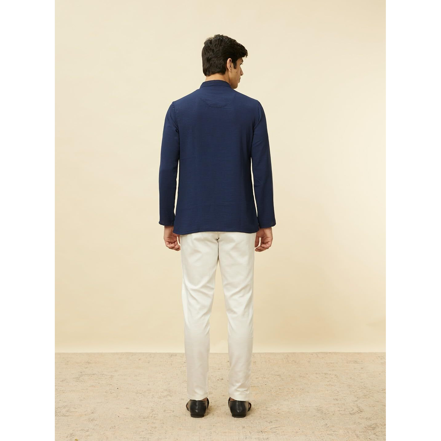 Manyavar Mens Blue Art Silk Solid Short Kurtas