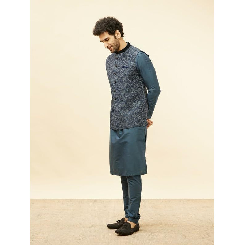 Manyavar Mens Blue Art Silk Printed Jacket
