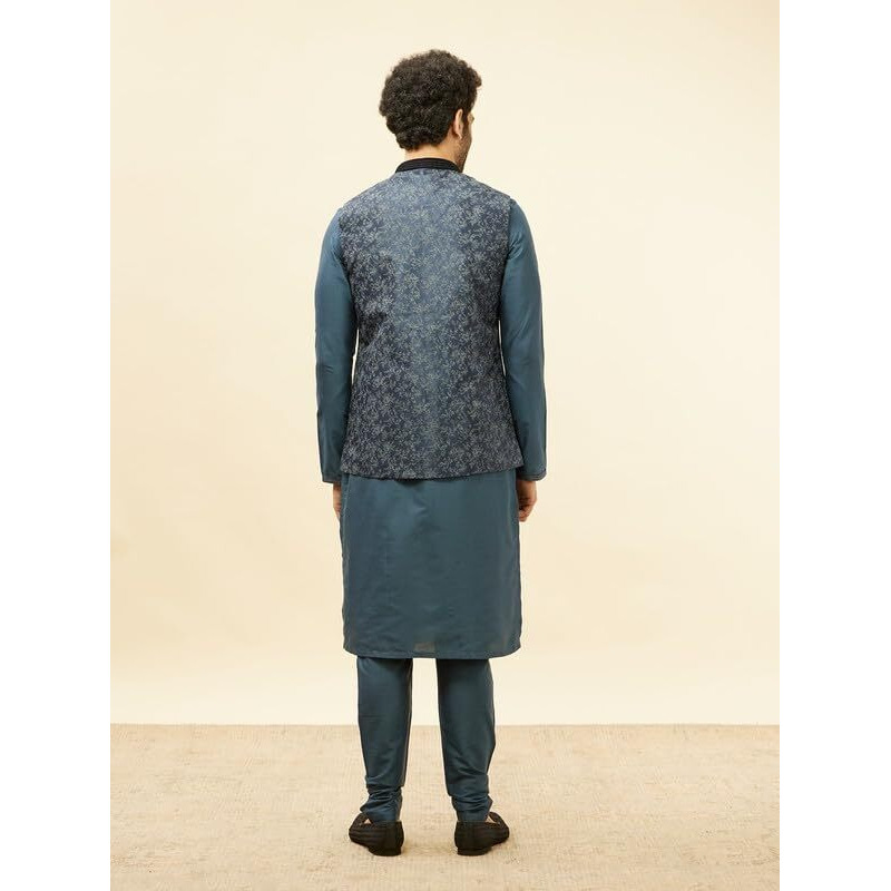 Manyavar Mens Blue Art Silk Printed Jacket