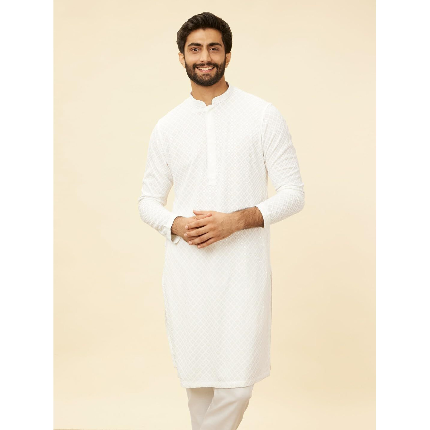 Manyavar Mens White Viscose Embroidered Kurta Pyjama Set
