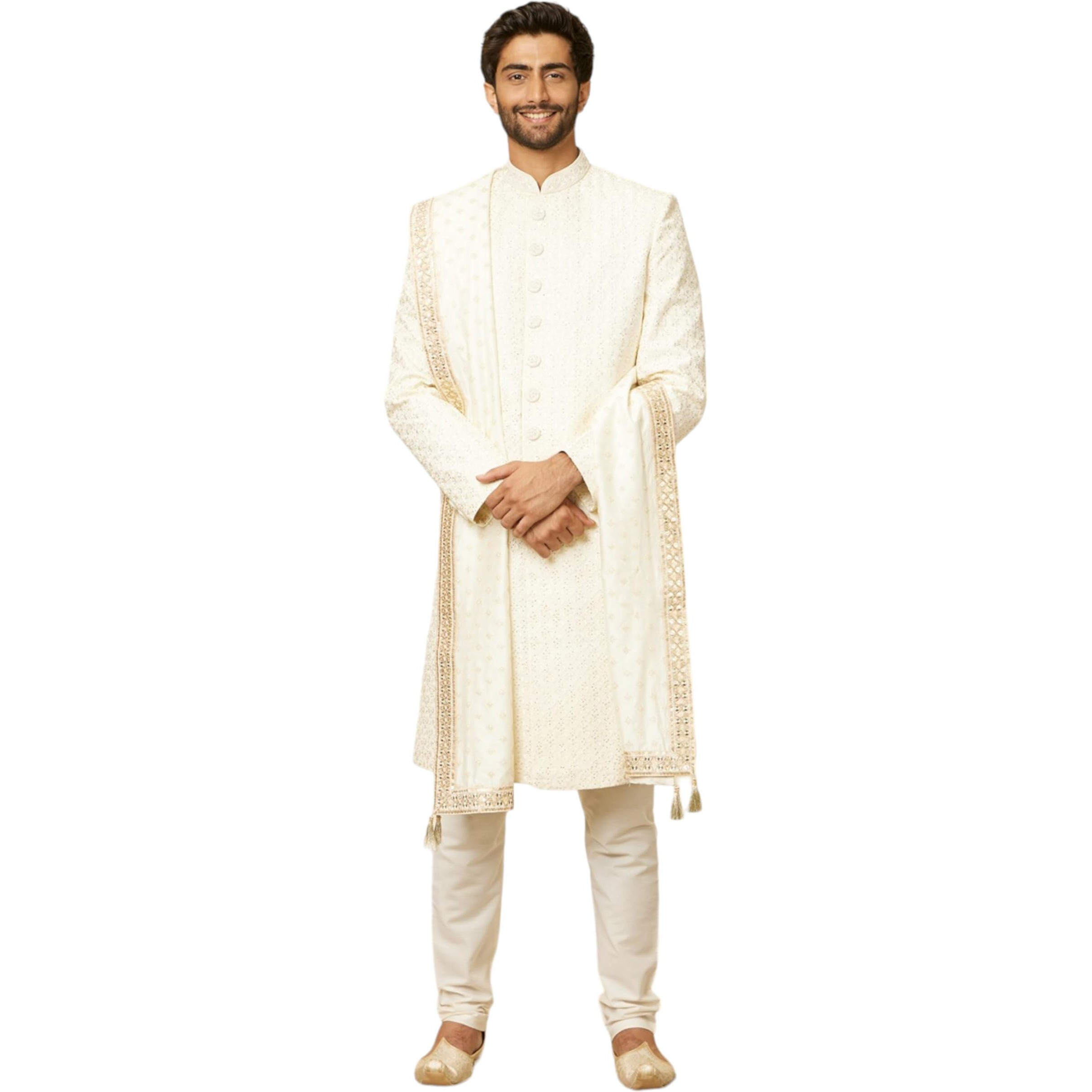 Manyavar Cream Flower Patterned Sequined Dupatta