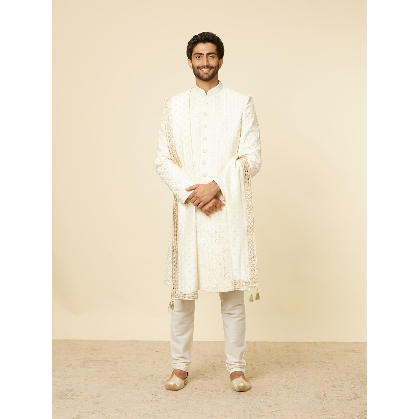 Manyavar Cream Flower Patterned Sequined Dupatta