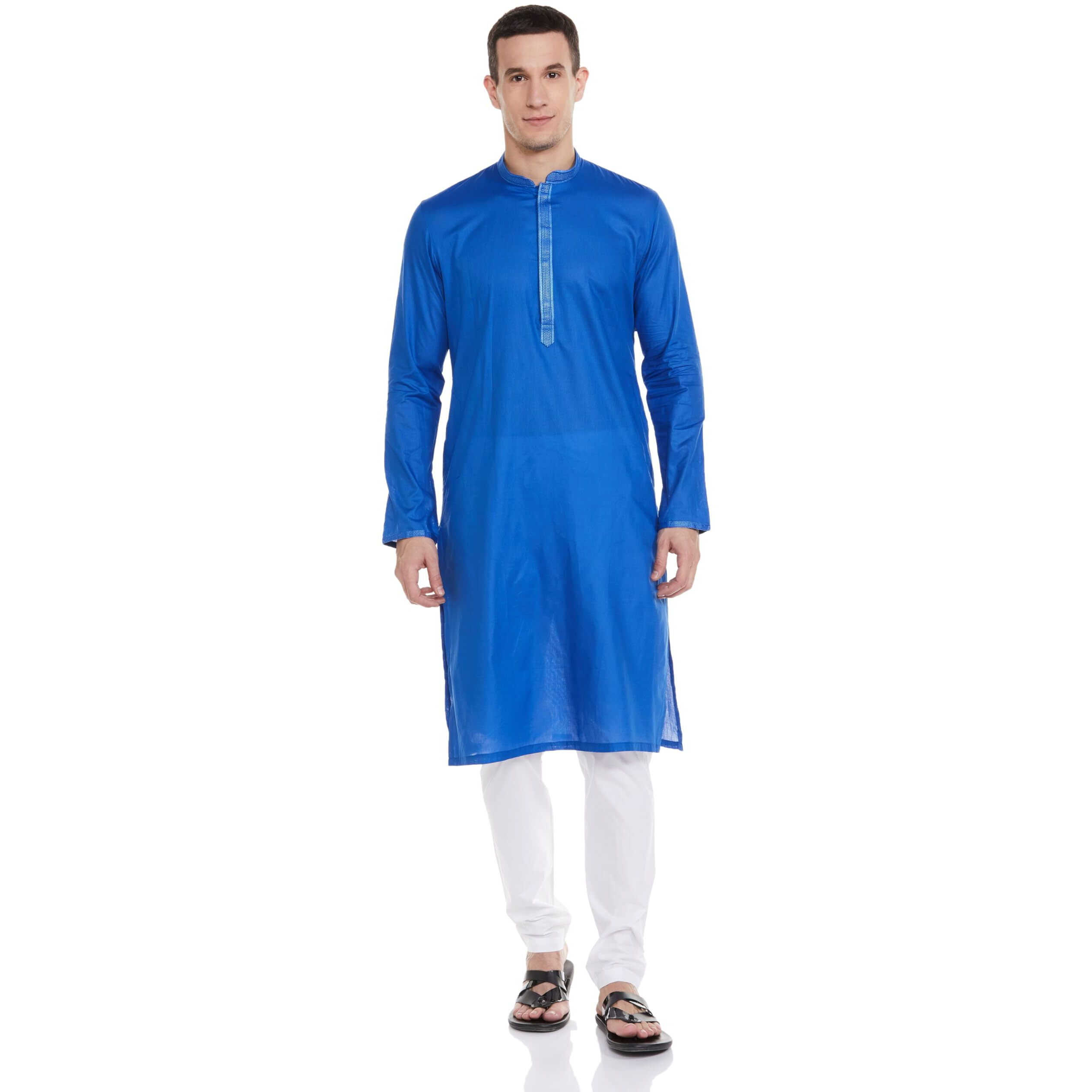 Manyavar Cotton Solid Casual Kurta Set for Men Blue