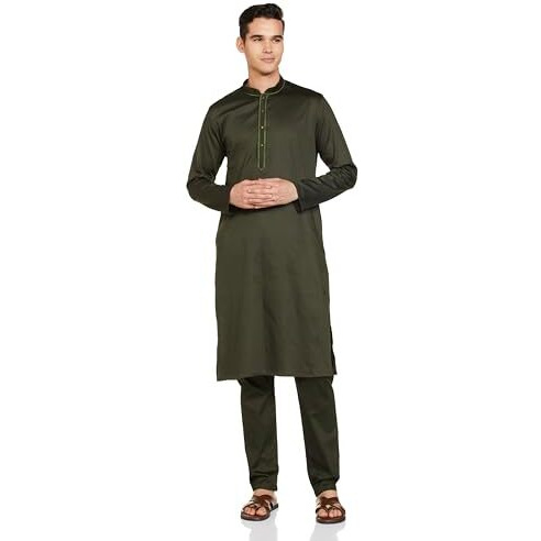 Manyavar Cotton Solid Casual Kurta Set for Men Green