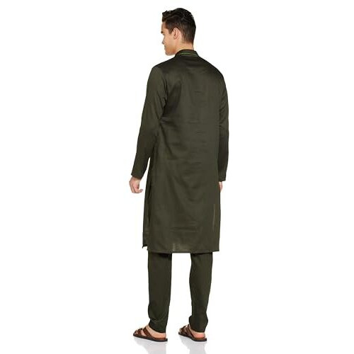 Manyavar Cotton Solid Casual Kurta Set for Men Green