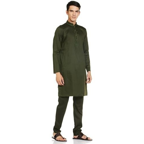 Manyavar Cotton Solid Casual Kurta Set for Men Green
