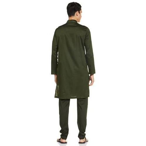 Manyavar Cotton Solid Casual Kurta Set for Men Green