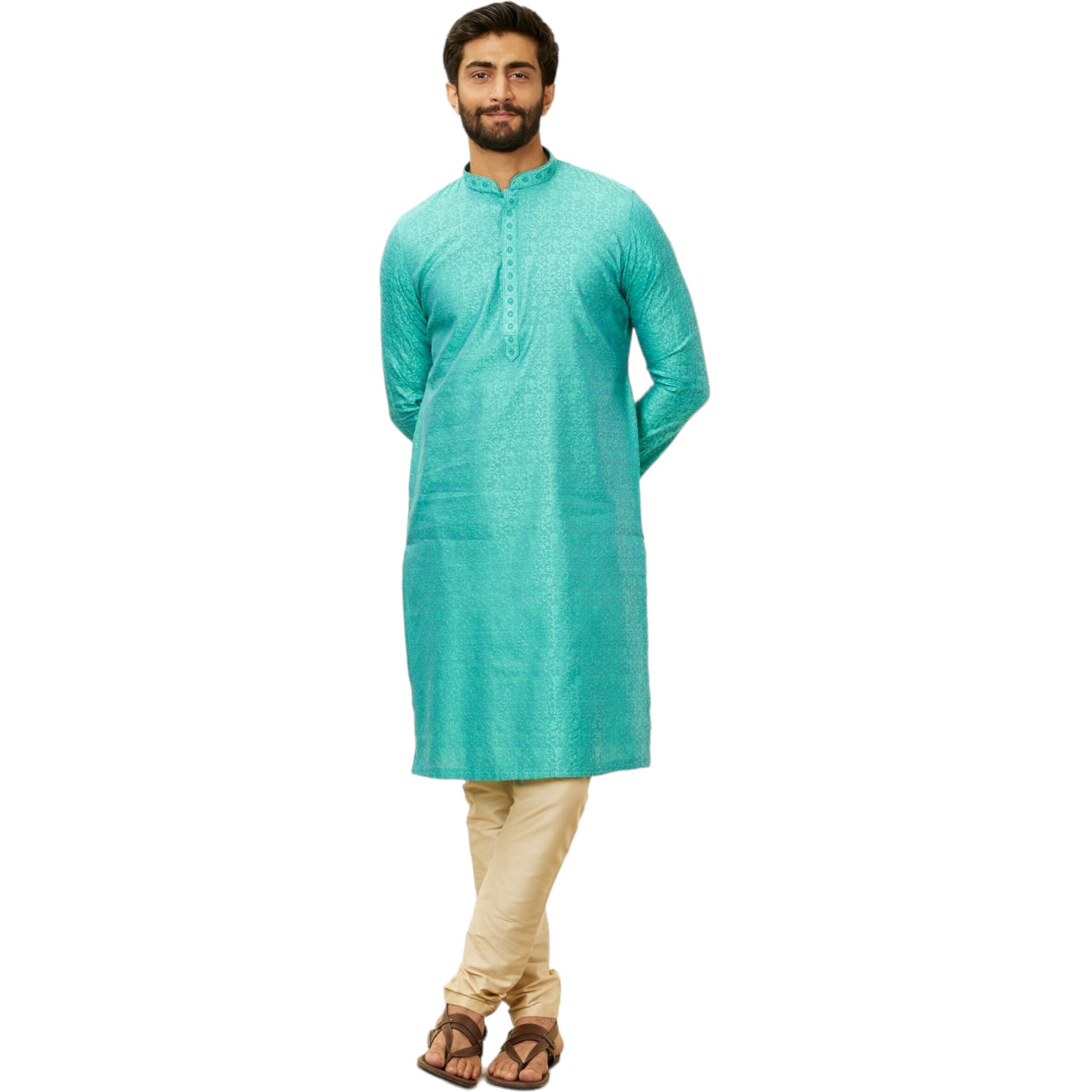Manyavar Men's Blue Blended Viscose Self Design Kurta Pyjama Set (L)