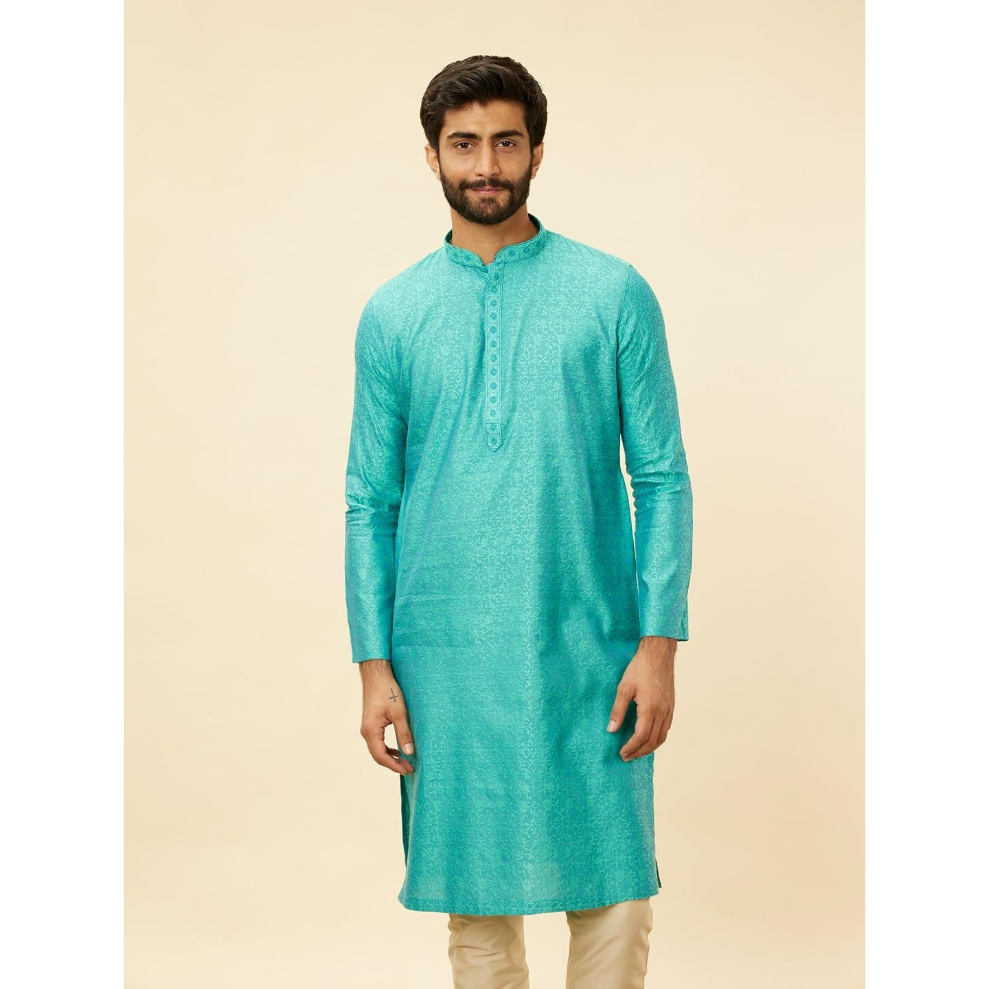 Manyavar Men's Blue Blended Viscose Self Design Kurta Pyjama Set (L)