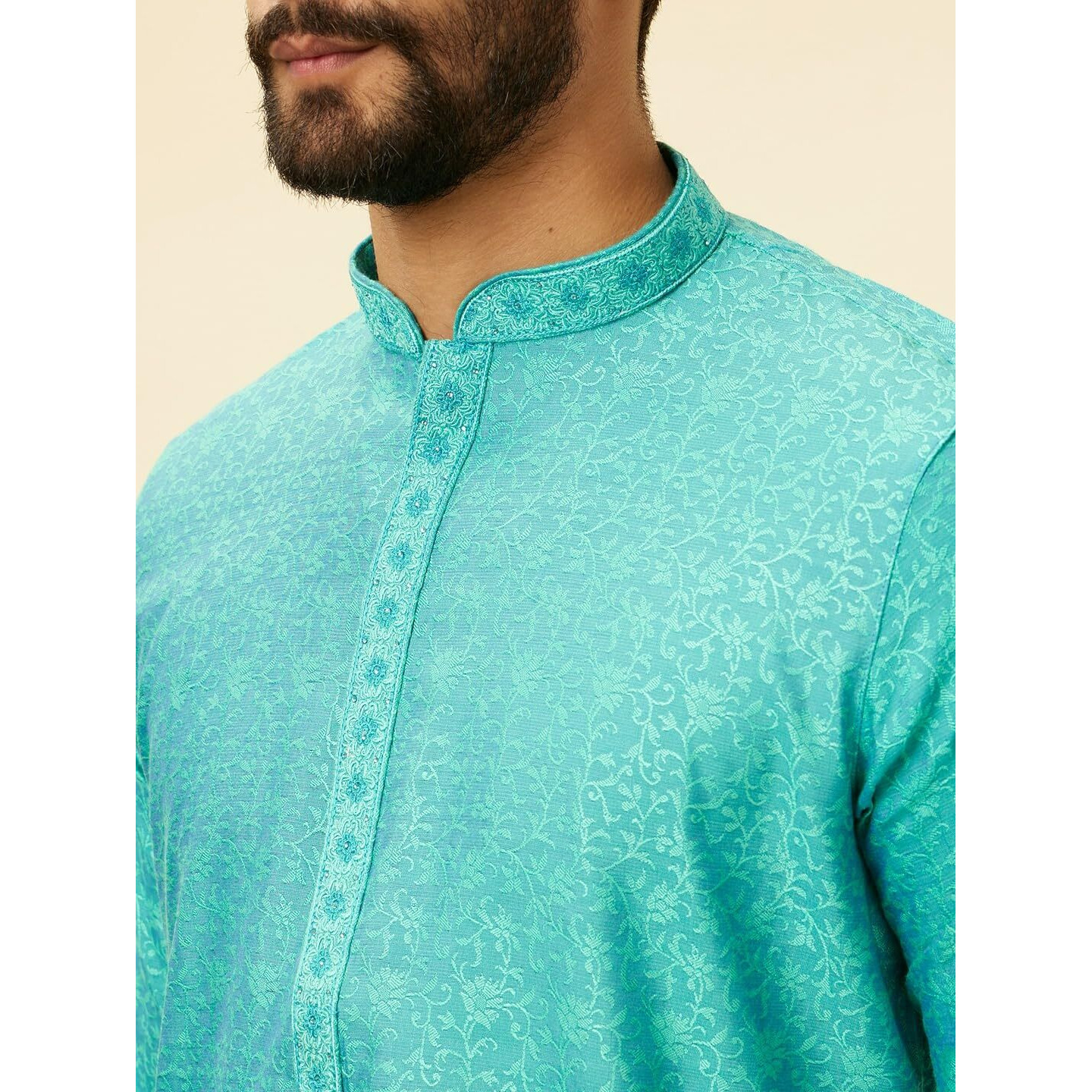 Manyavar Men's Blue Blended Viscose Self Design Kurta Pyjama Set (L)