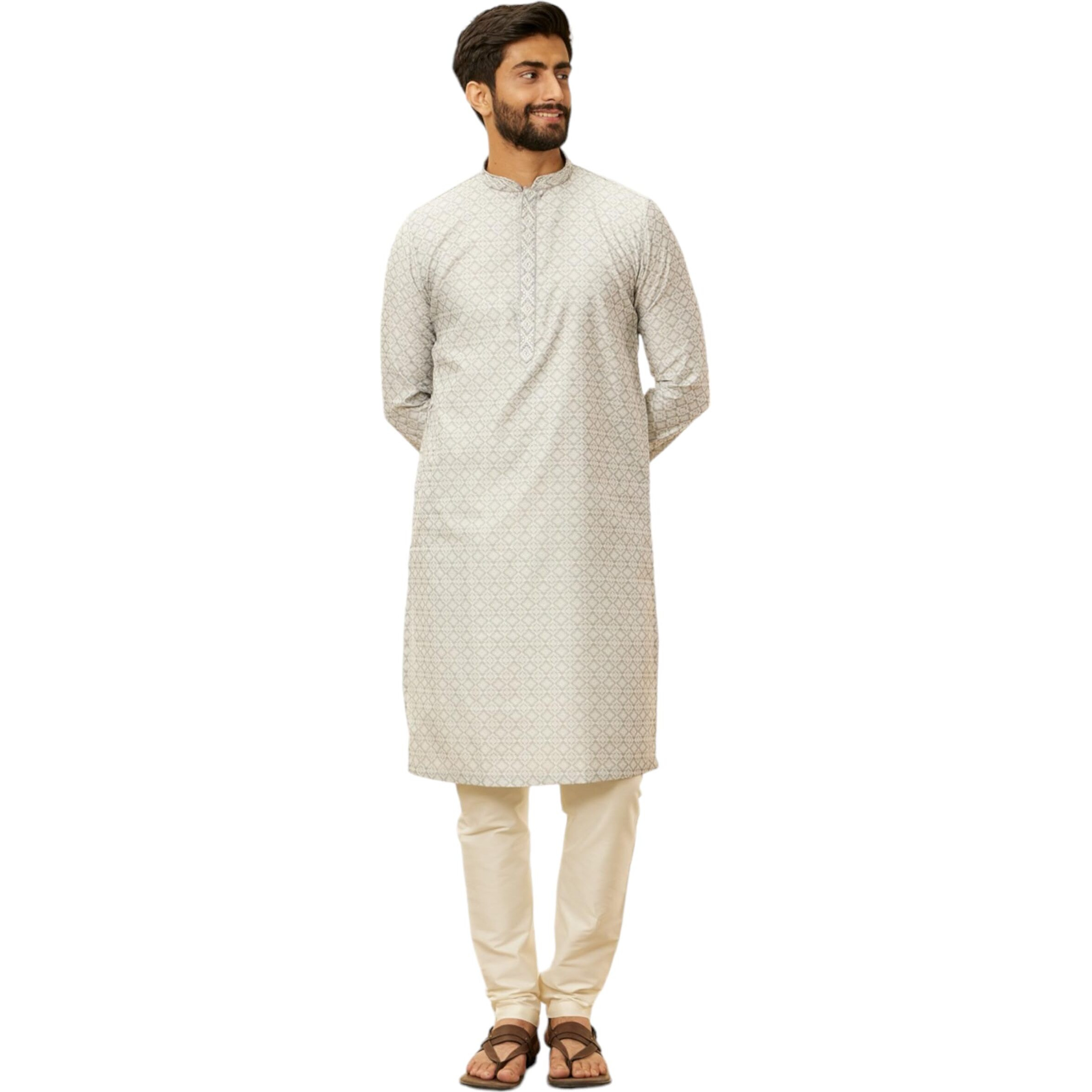 Manyavar Men's Grey Art Silk Self Design Kurta Pyjama Set (XXL)