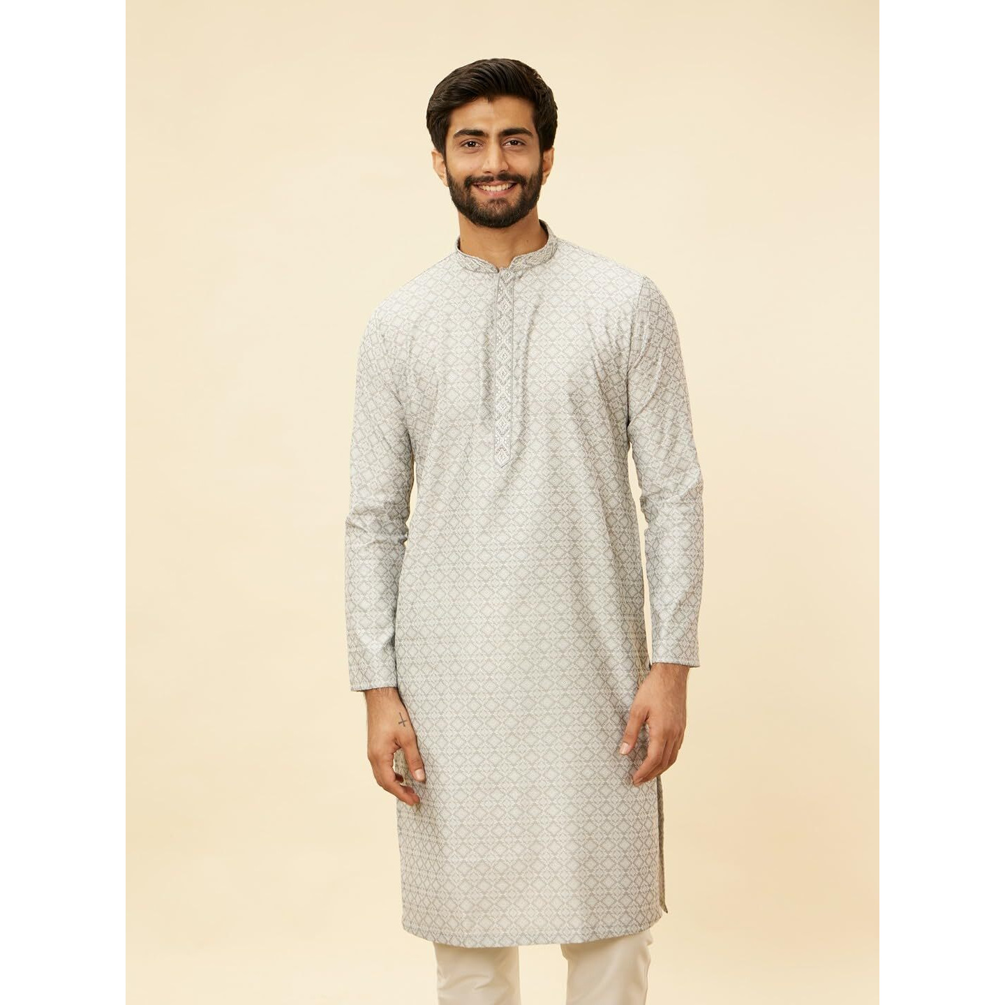 Manyavar Men's Grey Art Silk Self Design Kurta Pyjama Set (XXL)