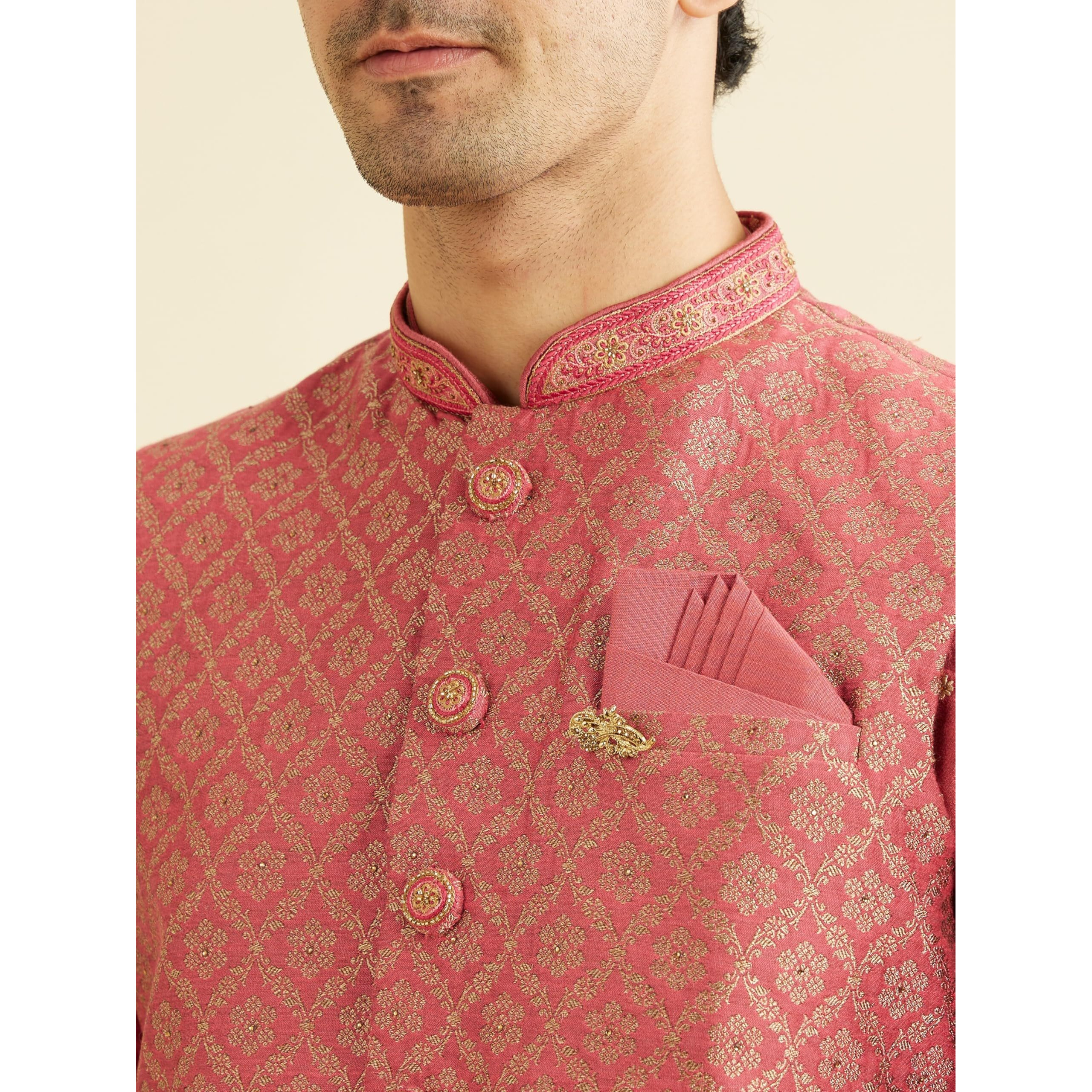 Manyavar Men's Art Silk Embroidered Kurta Jacket Pyjama Set (Pink,XL)